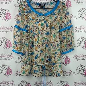 Extra fashion blouse tie up ribbons shiny trim Floral Blouse with Blue Trim